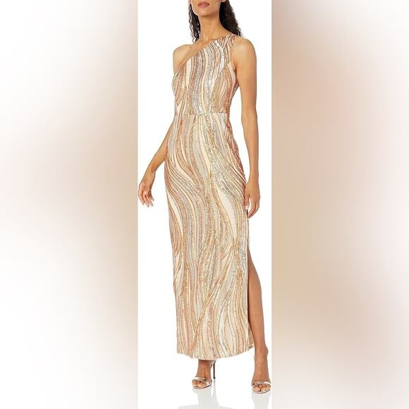 Adrianna Papell Gold One shoulder Sequins Column Formal Gown NEW 2 - Picture 12 of 12